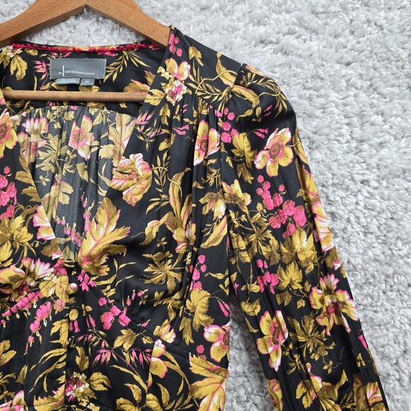 Anthropologie Top Womens XS Black Floral Button Up Deep V-Neck Feminine Romantic - Picture 3 of 12